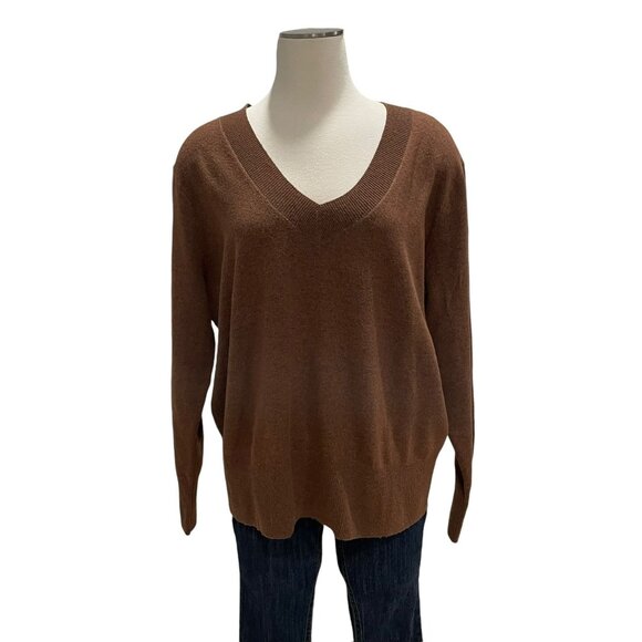 Womens Brown V-Neck Sweater L Recycled Polyester Oversized Sustainable Fall Soft - Picture 5 of 10
